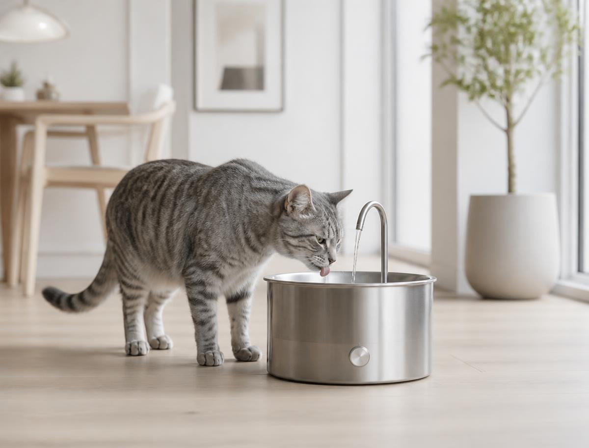 Gato bebiendo agua en movimiento de la fuente de acero inoxidable