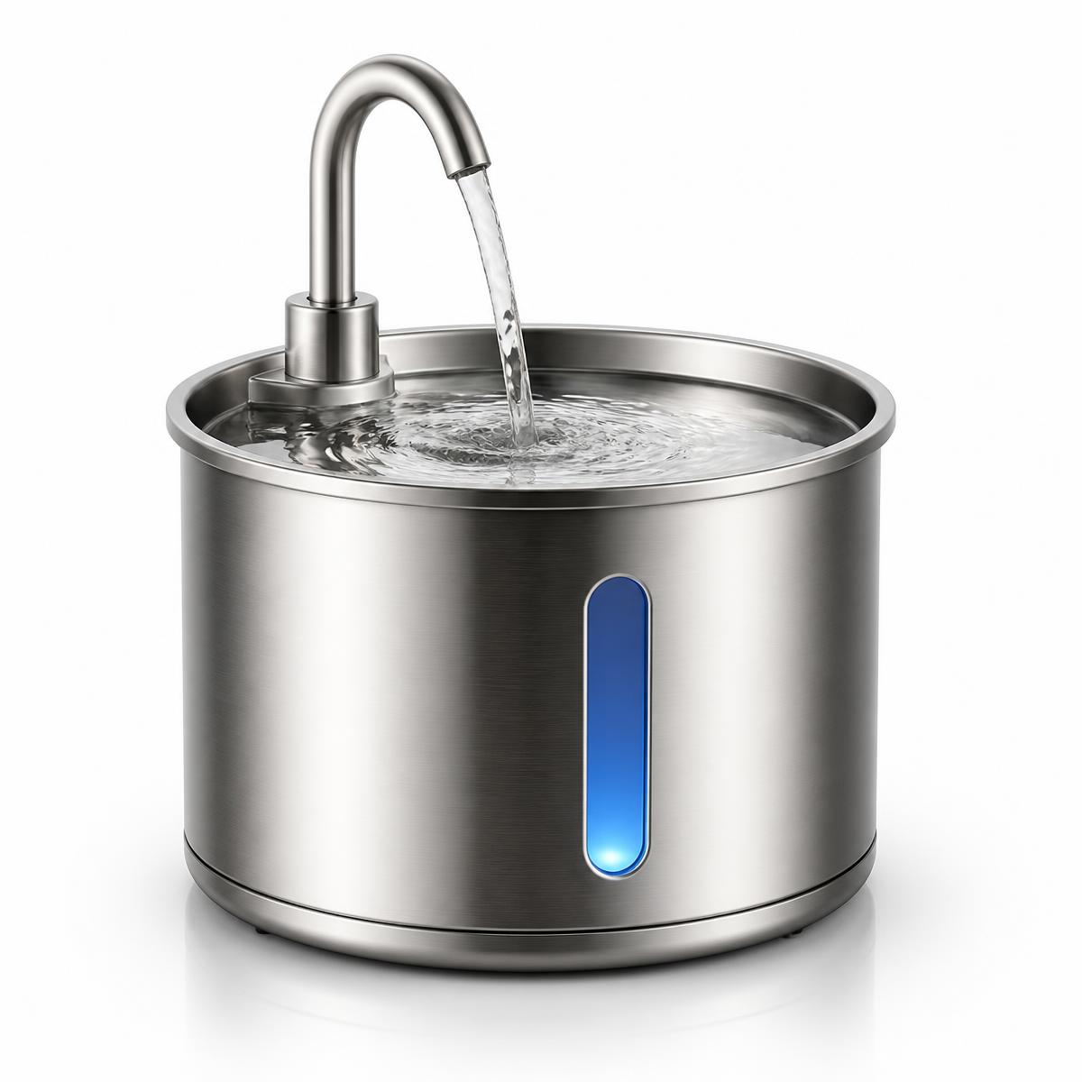 Fuente de agua para mascotas de 3,2 litros en acero inoxidable con grifo y visor de nivel iluminado