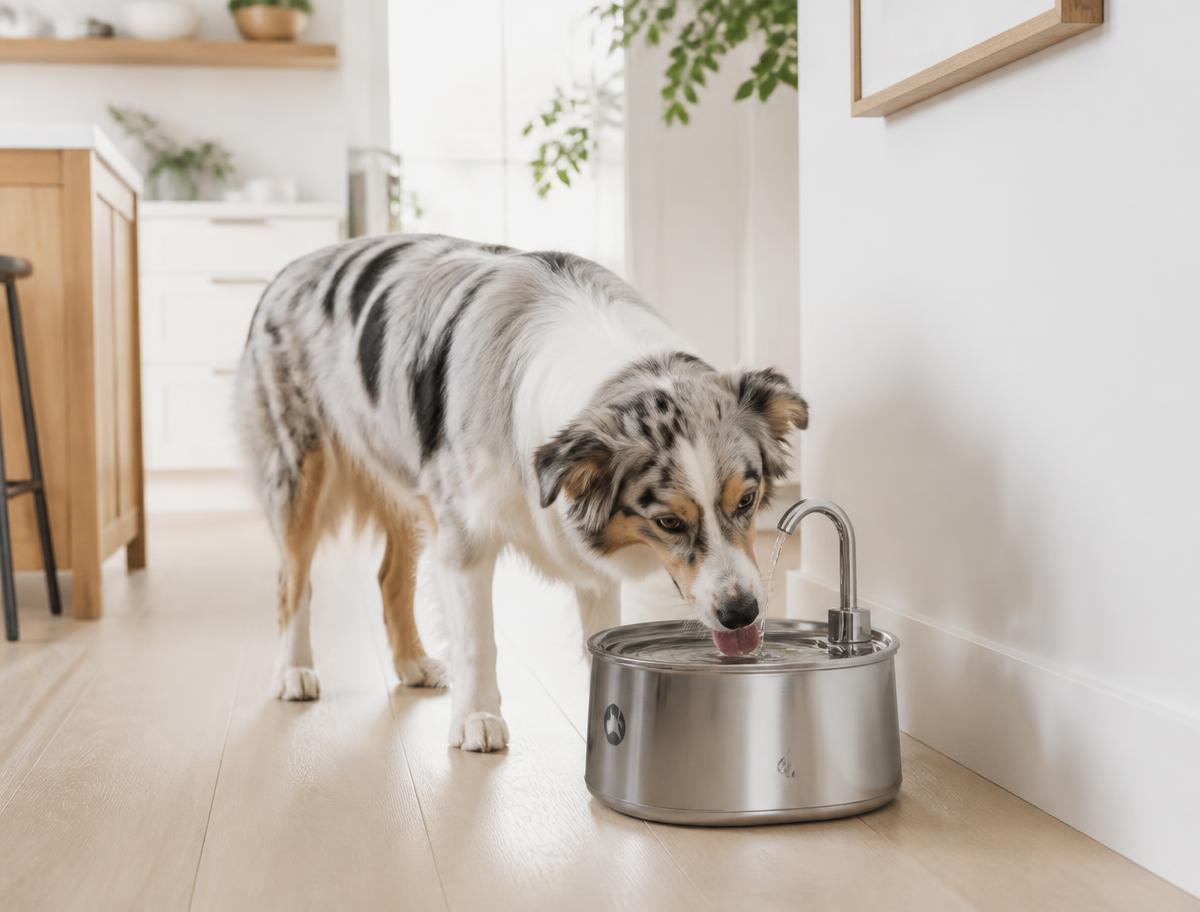 Perro bebiendo de la fuente de agua de acero inoxidable en una cocina